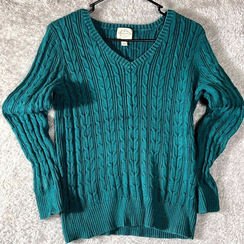 St. John's Bay‎ Sweater Womens Large Teal Cotton Cable Knit V Neck Warm Cozy